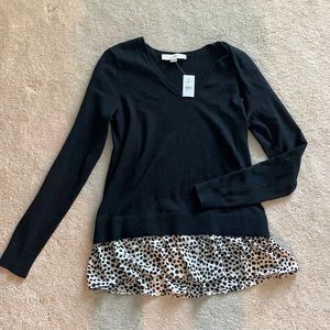 NWT LOFT Animal Print Ruffle Black VNeck Sweater